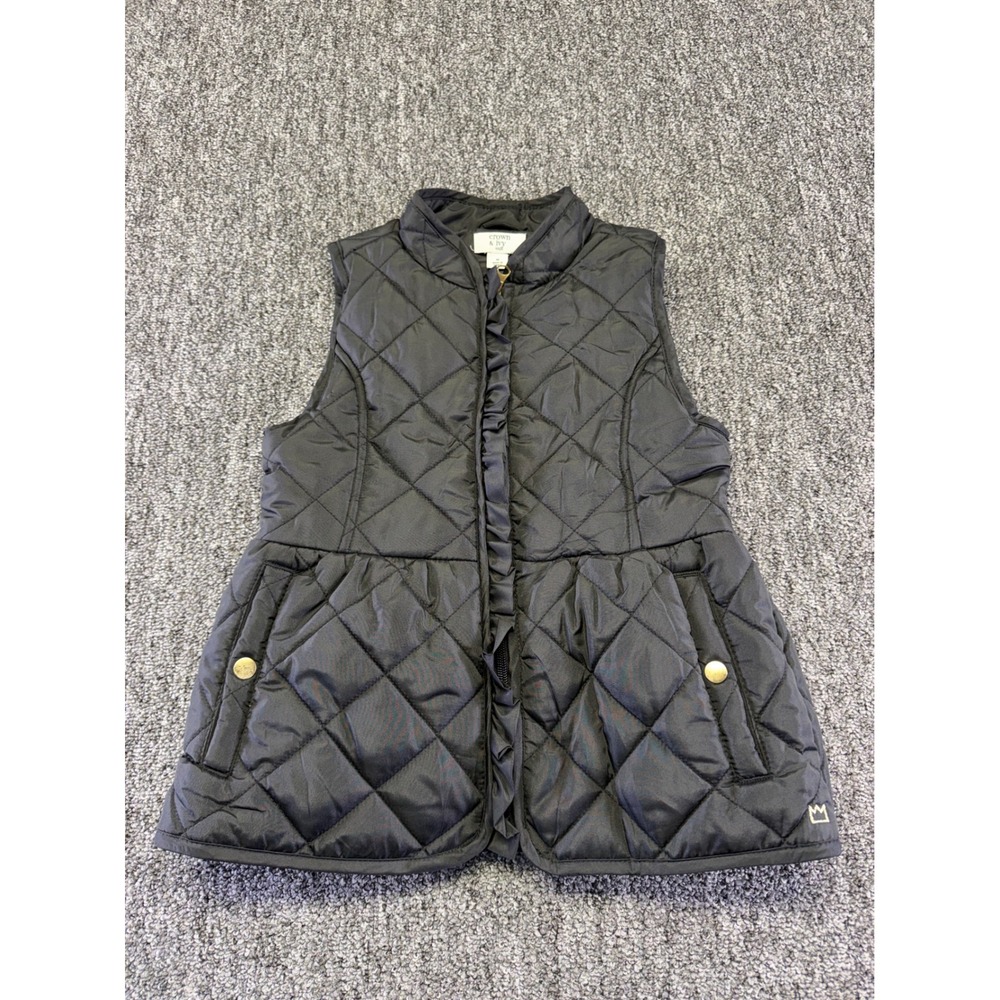 Crown & Ivy Vest Girls Size M Black Quilted Ruffle Trim Polyester Puffer Vest